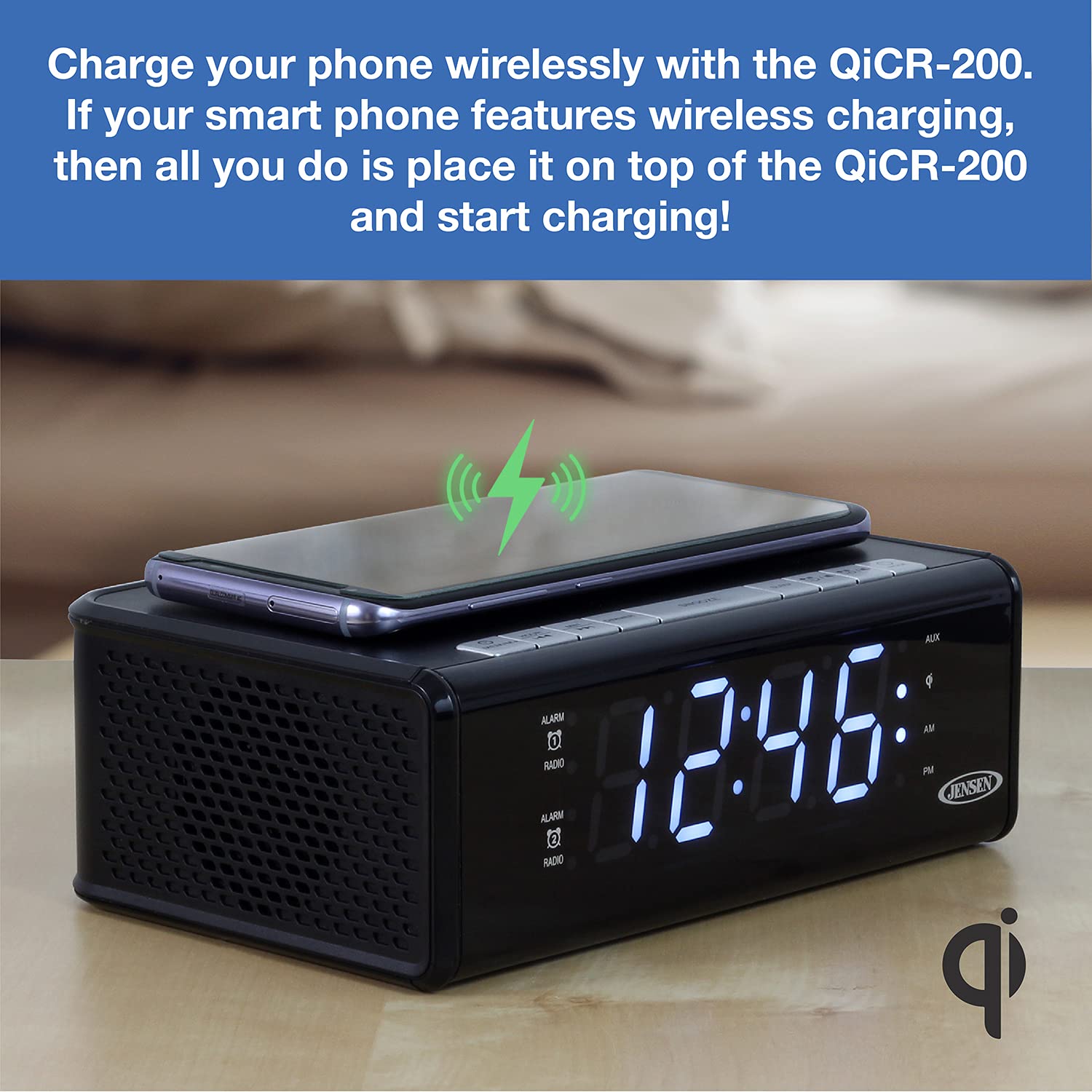 Jensen Jensen QiCR-200 Dual Alarm Clock Radio with Qi Charging White Compact Design for Easy Use - View 7 of 7