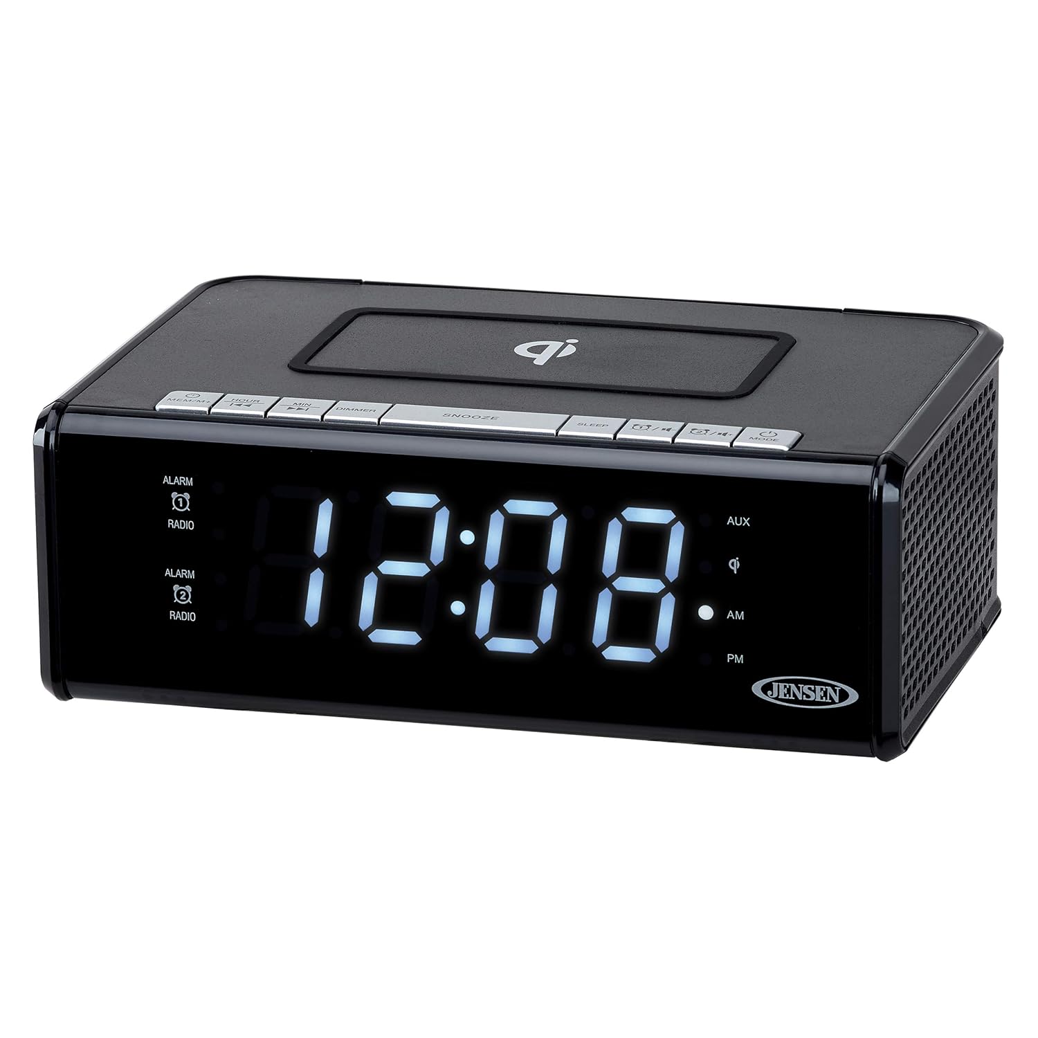 Jensen QiCR-200 Dual Alarm Clock Radio with Qi Charging White Compact Design for Easy Use