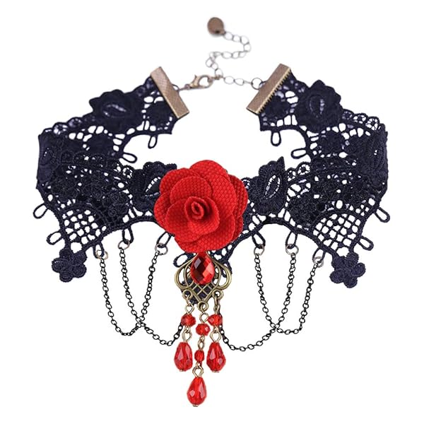 Youniker Youniker Gothic Black Lace Choker Necklace for Women Vintage Punk Steampunk Halloween Costume Party Victorian Rose Beads Pendant