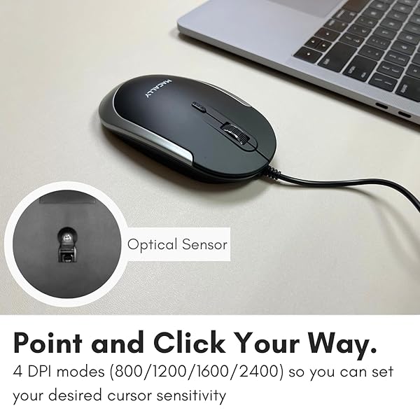 Macally Macally Silent Wired Mouse Slim Compact USB Mouse for Mac Windows PC Laptop Desktop Optical Sensor DPI Switch Comfortable Design Space Gray - View 9 of 9