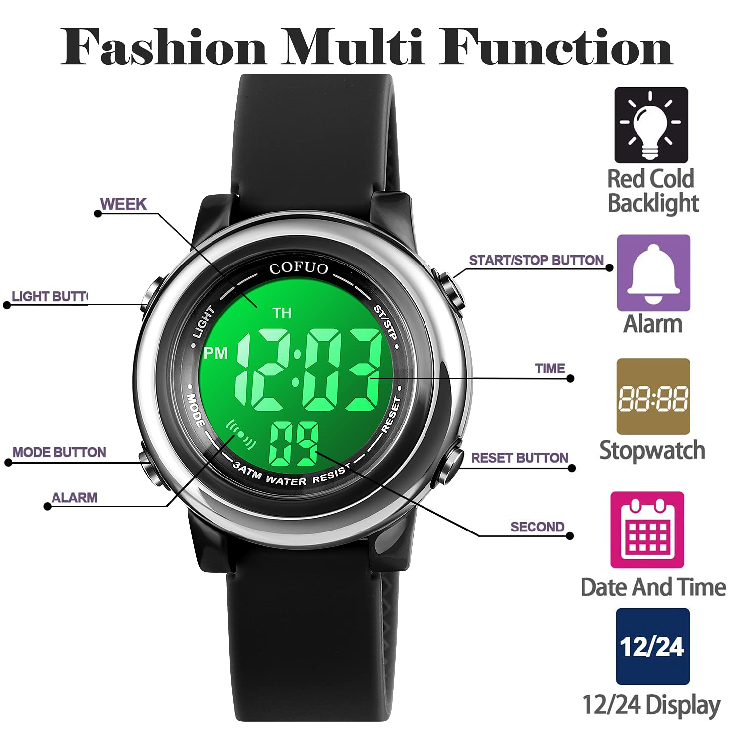cofuo Cofuo Kids Digital Sport Waterproof Watch for Girls and Boys with LED Alarm Stopwatch and Luminous Features for Outdoor Activities - View 3 of 9