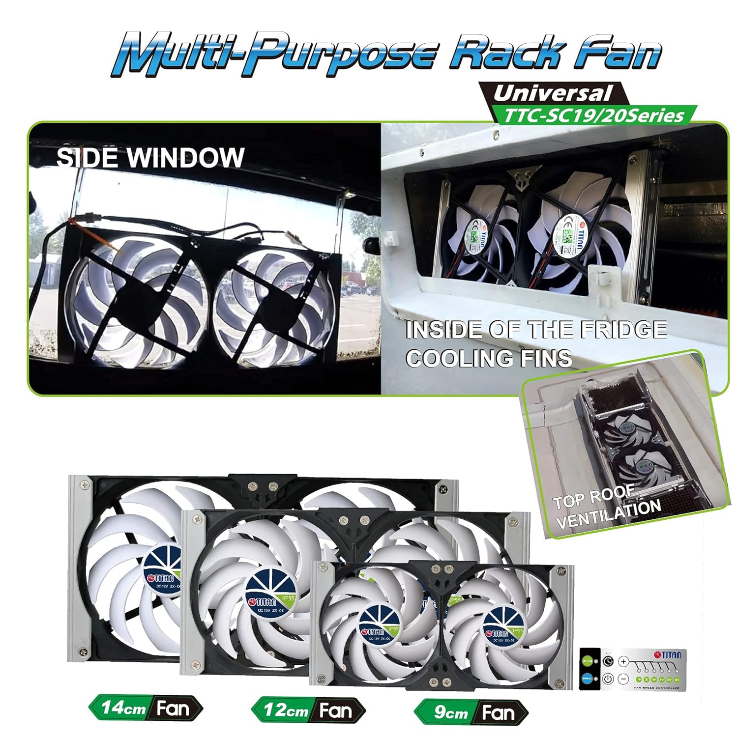 TITAN TITAN 12V DC IP55 Waterproof Double Rack Mount Cooling Fan with Timer and Speed Controller TTC-SC20 140mm - View 5 of 8