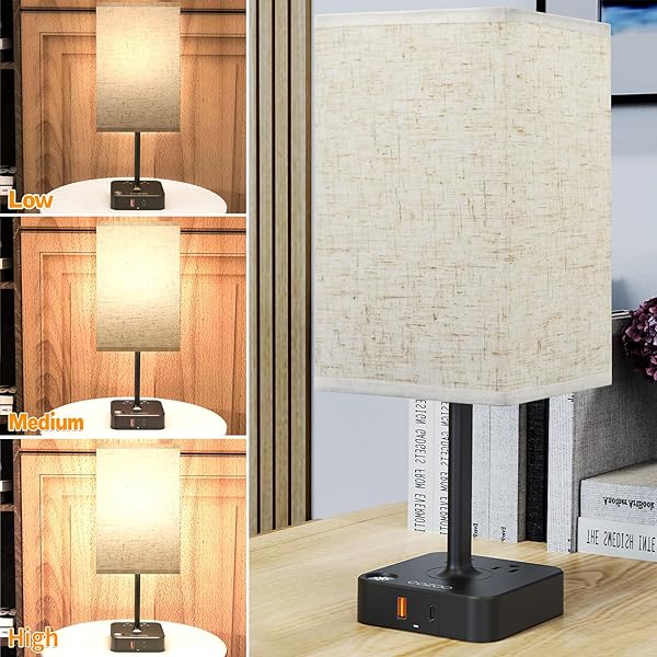 cozoo COZOO USB Bedside Dimmable Table Lamp with 2 USB Ports and Outlets for Bedroom Living Room Dorm Home Office Black Flaxen Shade - View 2 of 7
