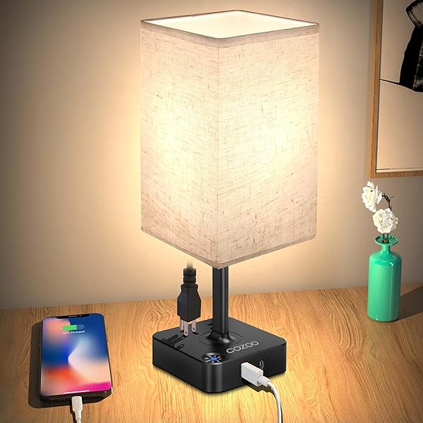 COZOO USB Bedside Dimmable Table Lamp with 2 USB Ports and Outlets for Bedroom Living Room Dorm Home Office Black Flaxen Shade