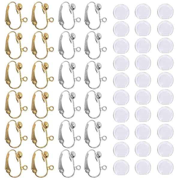 SENHAI 24 Pcs Clip-on Earring Converter with 30 Silicone Pads for DIY Earring Making in Silver and Gold Plated Designs