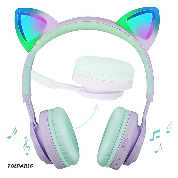 Riwbox Riwbox CT-7S Cat Ear Wireless Headphones for Kids - 85dB Volume Limiting, LED Lights, Microphone for Laptop/PC/TV (Purple & Green) - View 3 of 9