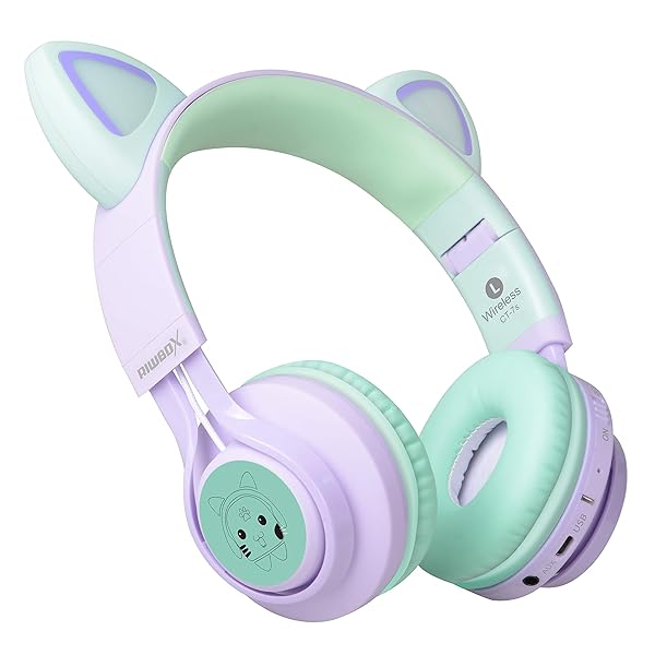 Riwbox Riwbox CT-7S Cat Ear Wireless Headphones for Kids - 85dB Volume Limiting, LED Lights, Microphone for Laptop/PC/TV (Purple & Green) - View 5 of 9