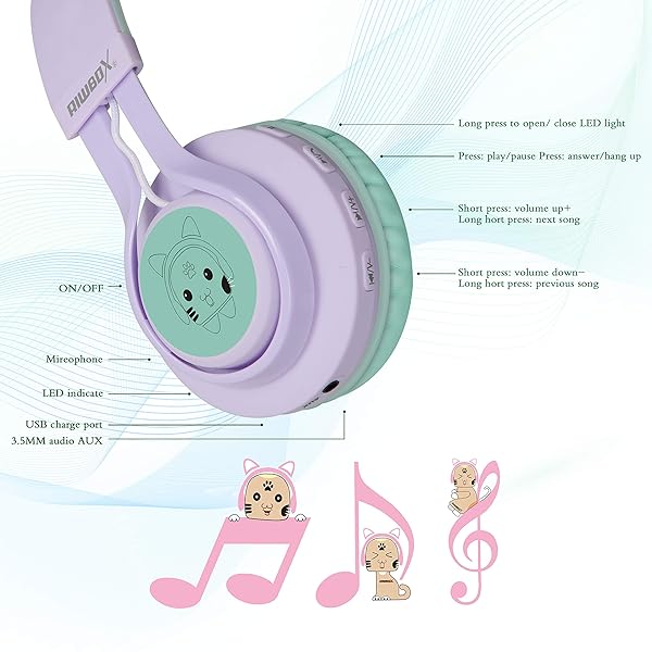 Riwbox Riwbox CT-7S Cat Ear Wireless Headphones for Kids - 85dB Volume Limiting, LED Lights, Microphone for Laptop/PC/TV (Purple & Green) - View 6 of 9