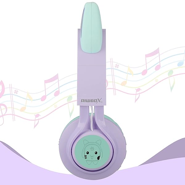 Riwbox Riwbox CT-7S Cat Ear Wireless Headphones for Kids - 85dB Volume Limiting, LED Lights, Microphone for Laptop/PC/TV (Purple & Green) - View 8 of 9