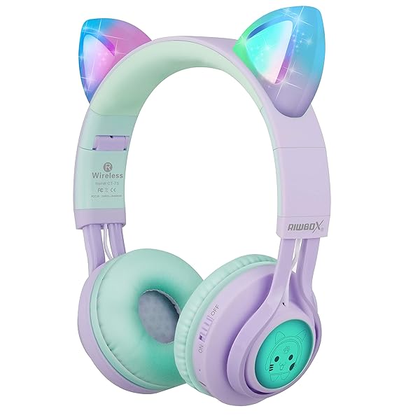 Riwbox Riwbox CT-7S Cat Ear Wireless Headphones for Kids - 85dB Volume Limiting, LED Lights, Microphone for Laptop/PC/TV (Purple & Green) - View 2 of 9