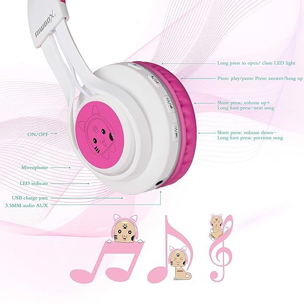 Riwbox Riwbox CT-7 Cat Ear Bluetooth Headphones: LED Wireless Over-Ear with Microphone for Travel, School & More - View 7 of 11