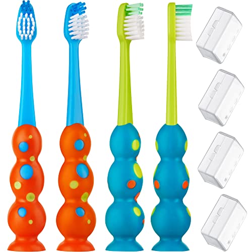 Trueocity Trueocity Kids Toothbrush 4 Pack Soft Bristles Child Sized Brush Heads Suction Cup Storage Fun for Boys and Girls Ages 3 to 10