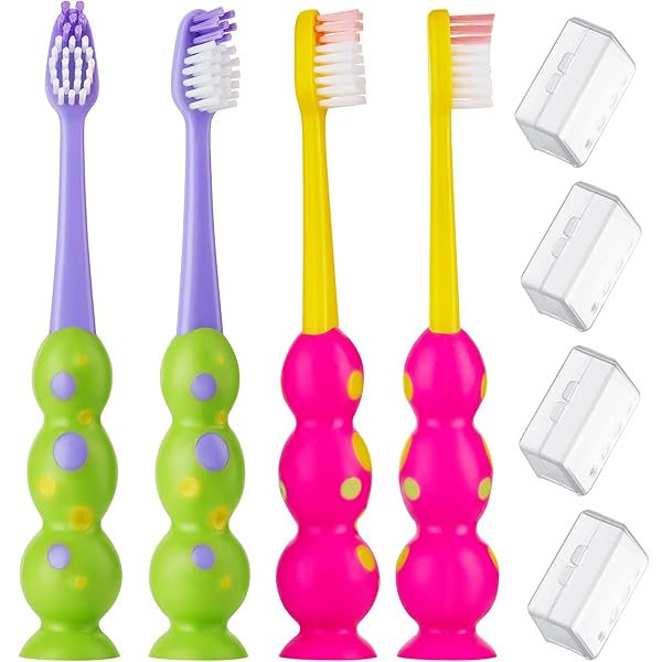 Trueocity Kids Toothbrush 4 Pack Soft Bristles Child Sized Brush Heads Suction Cup Storage Fun for Ages 3 to 10 Green and Pink Set