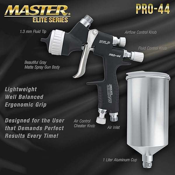 Master Airbrush Master Elite PRO-44 HVLP Spray Gun 1.3mm Tip - Perfect for Automotive Basecoats & Clearcoats - View 4 of 7