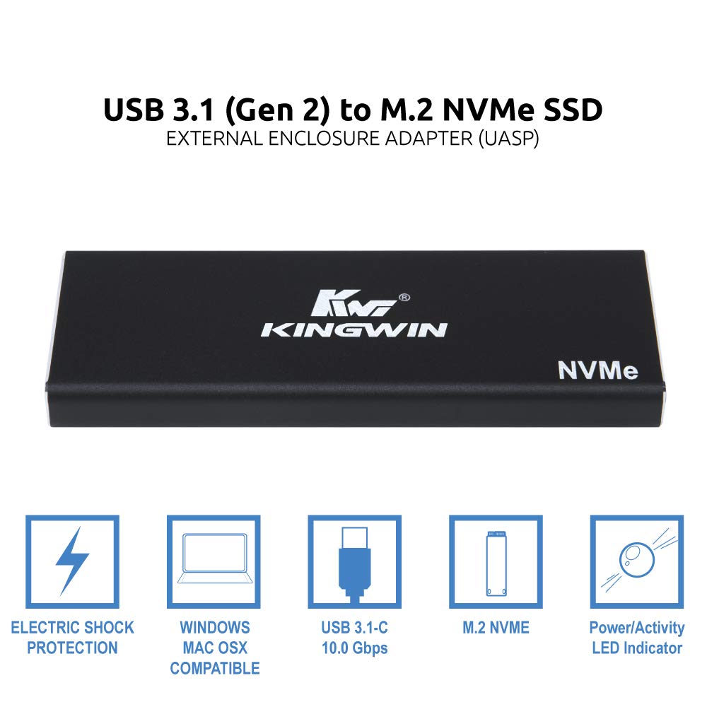 Kingwin Kingwin M2 SSD NVMe External Enclosure 10Gbps USB 3.1 Gen 2 Adapter for 2230 2242 2260 2280 Solid State Drives Aluminum KM-U3NGFF-NVE - View 3 of 9