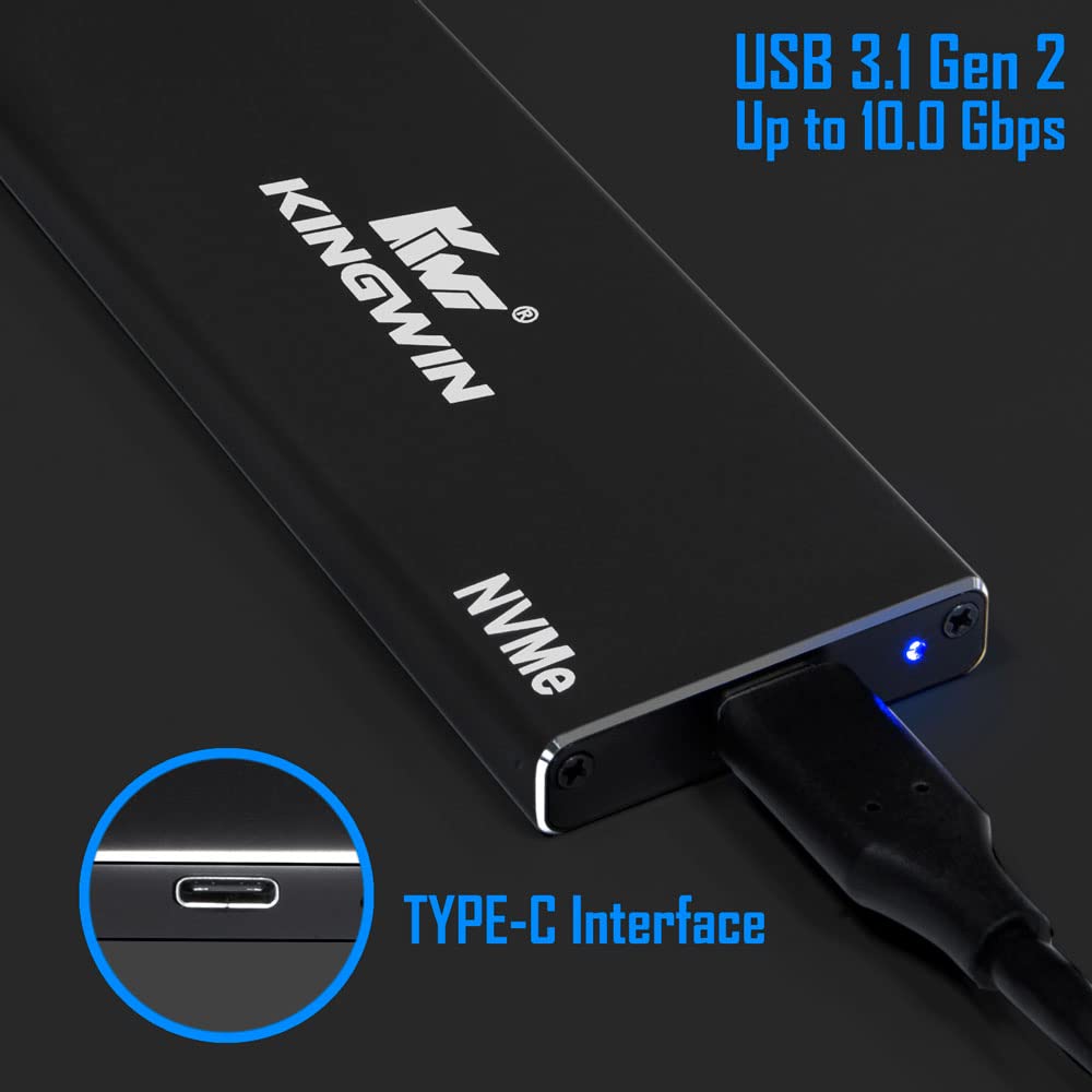 Kingwin Kingwin M2 SSD NVMe External Enclosure 10Gbps USB 3.1 Gen 2 Adapter for 2230 2242 2260 2280 Solid State Drives Aluminum KM-U3NGFF-NVE - View 6 of 9