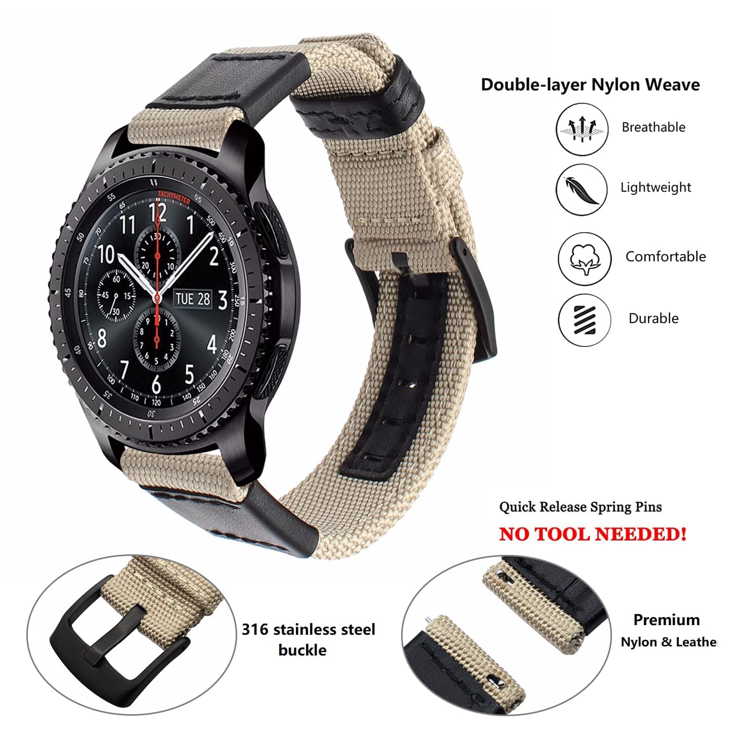 Nice Pies Quick Release Nylon Watch Bands Replacement Canvas Sport Strap 20mm 22mm 24mm Military Style Wristband for Men Women with Black Buckle - View 3 of 9