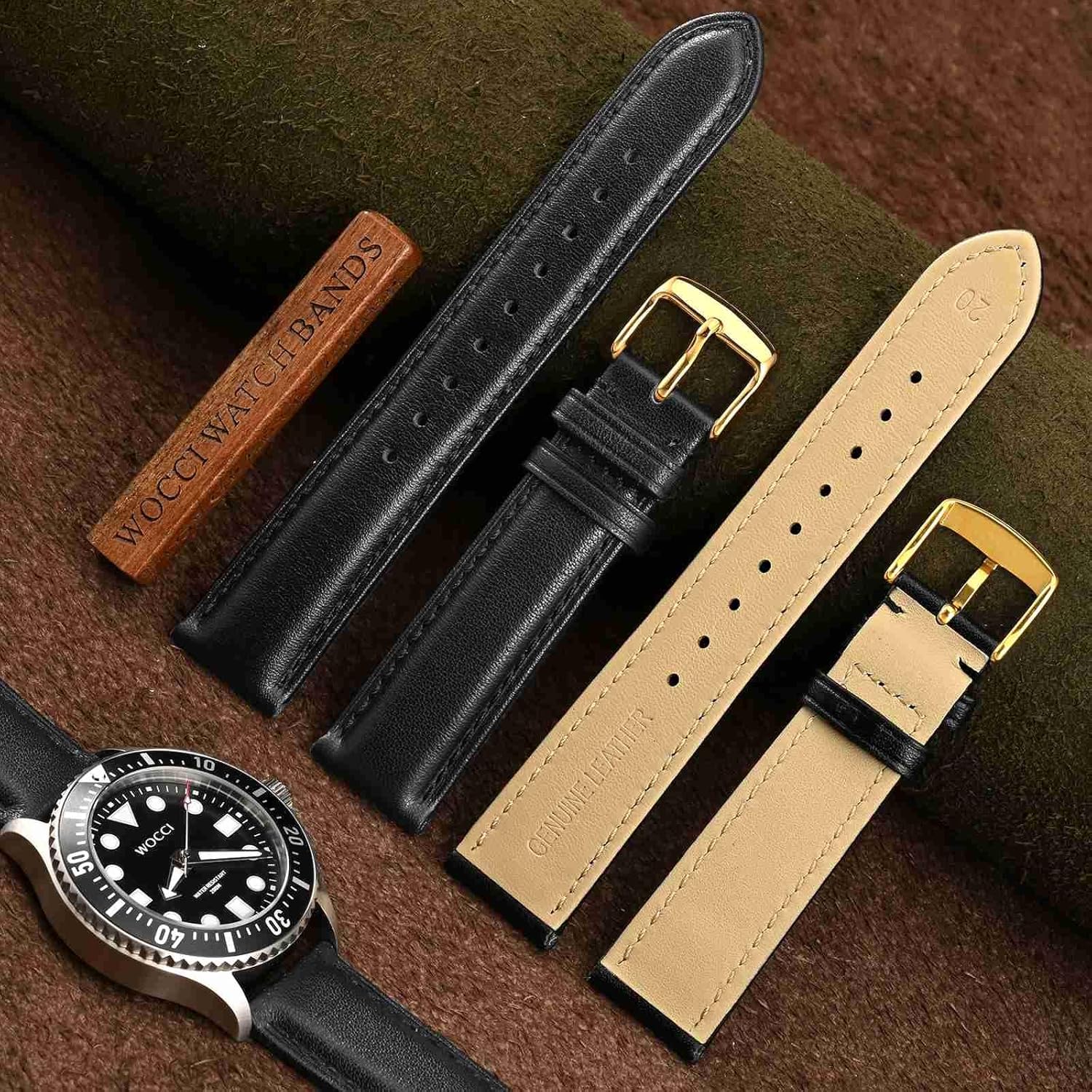 WOCCI WOCCI 22mm Vintage Leather Watch Band for Men and Women with Gold Buckle in Black Color - View 3 of 9