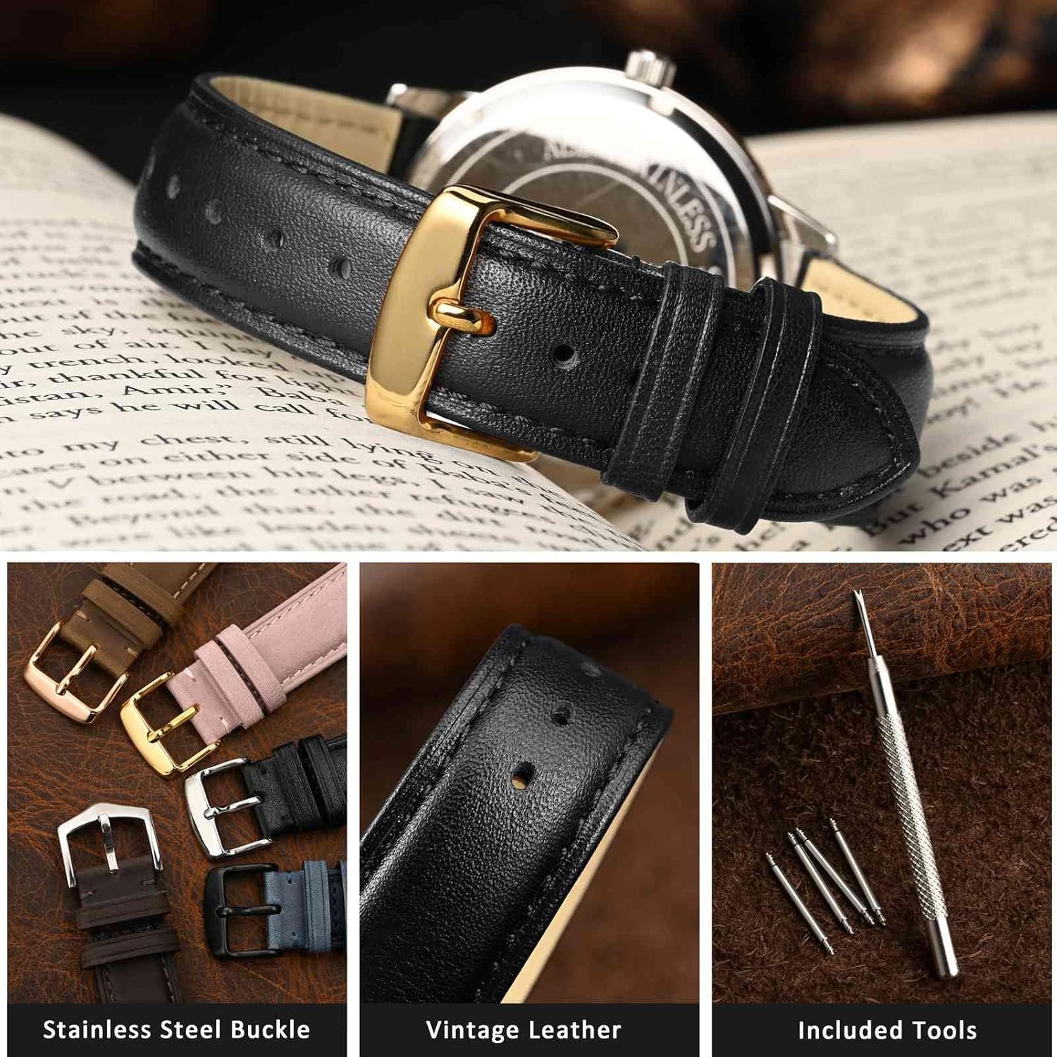 WOCCI WOCCI 22mm Vintage Leather Watch Band for Men and Women with Gold Buckle in Black Color - View 4 of 9