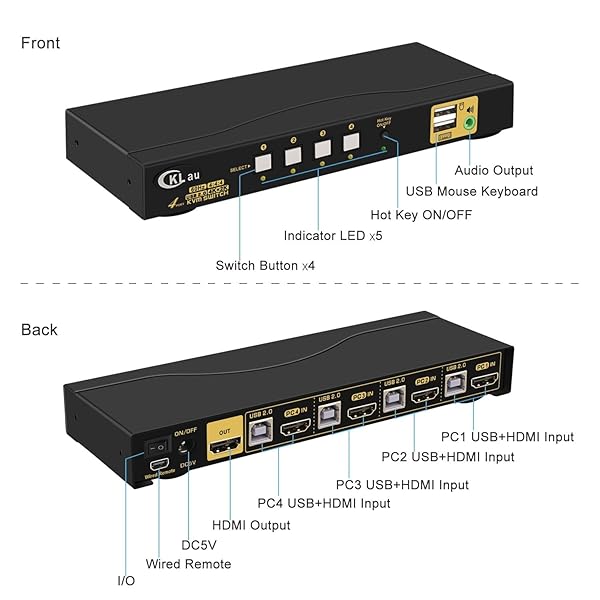 CKLau CKLau 4-Port HDMI KVM Switch with Audio & Cables - 4K@60Hz, EDID, Hotkey Switching - View 6 of 7