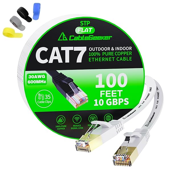 CableGeeker Cat 7 Shielded Ethernet Cable 100ft - High-Speed Flat Network Cable with Snagless RJ45, Free Clips & Straps for Modem & Router
