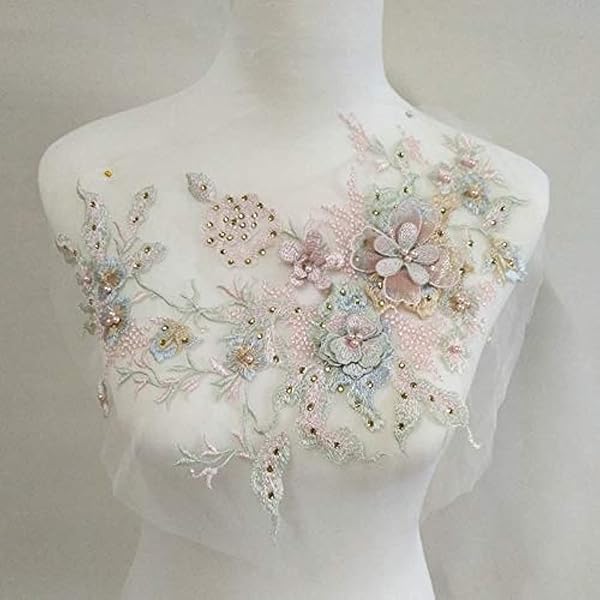 FEEPOP 3D Embroidered Flower Patch for Clothing & Wedding Dresses - Pink Tulle Applique DIY Decoration - View 2 of 4