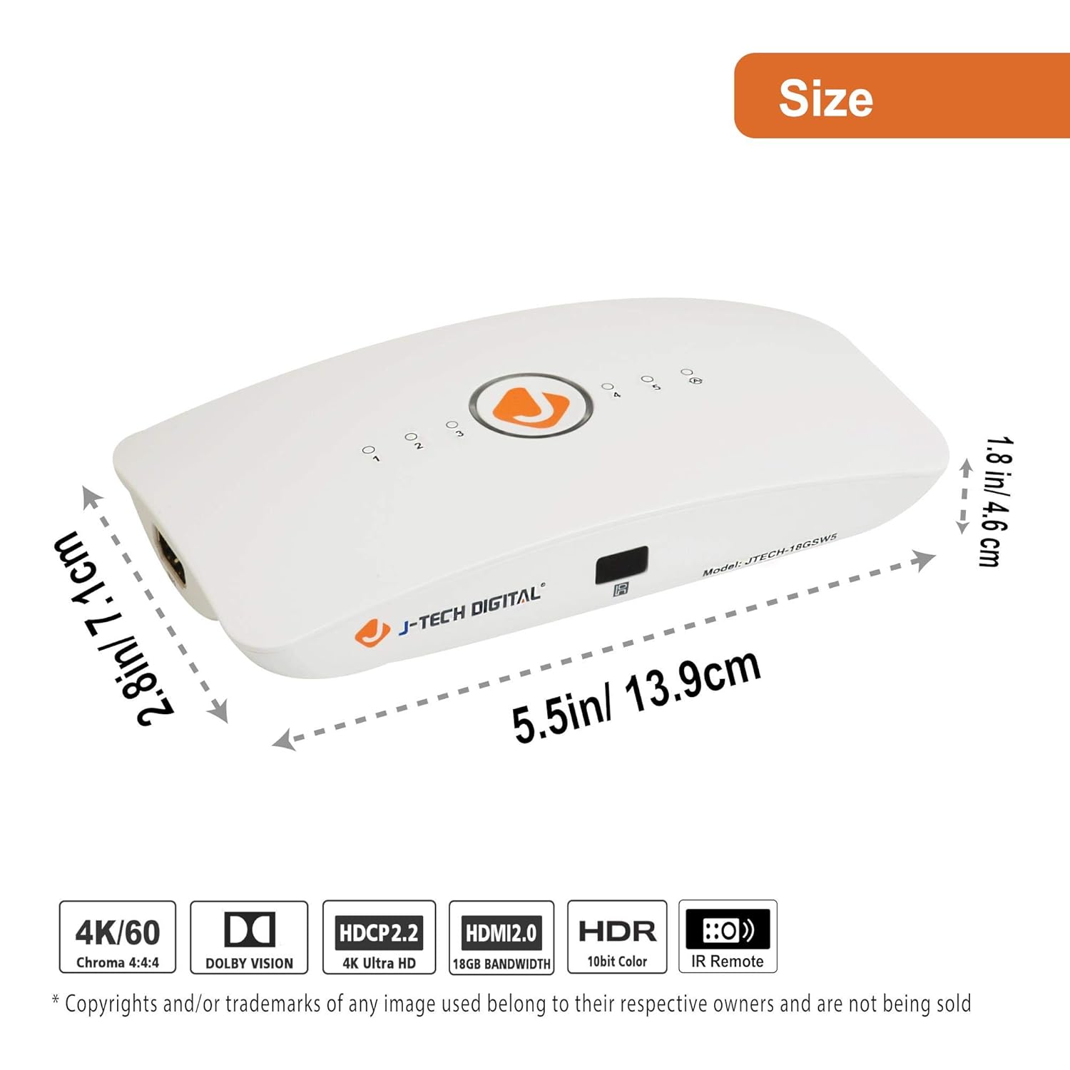 J-Tech Digital J-Tech Digital HDMI Switch 5X1 4K 60Hz HDCP 2.2 HDR with Remote Control and Auto Switching Function - View 2 of 6