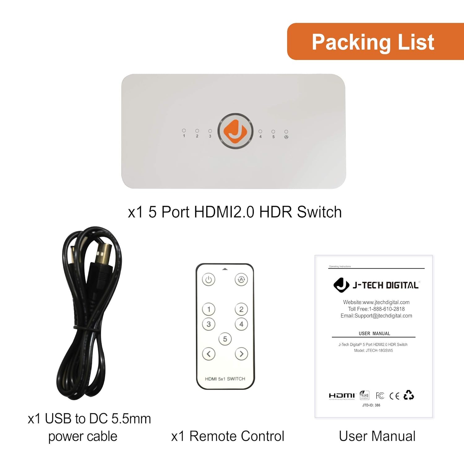 J-Tech Digital J-Tech Digital HDMI Switch 5X1 4K 60Hz HDCP 2.2 HDR with Remote Control and Auto Switching Function - View 6 of 6