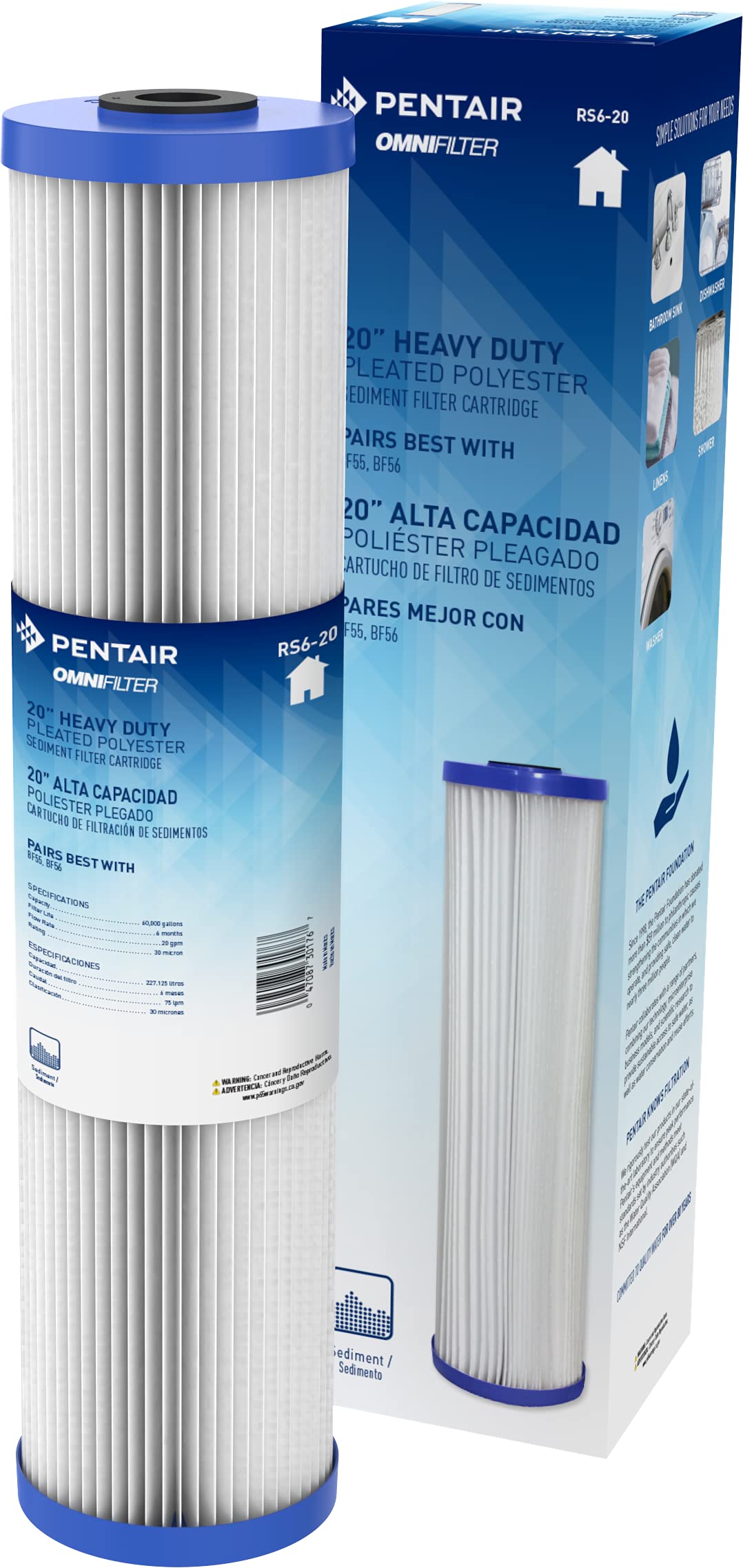 Pentair OMNIFilter RS6-20 20 Inch Whole House Heavy Duty Big Blue Pleated Sediment Water Filter Replacement Cartridge