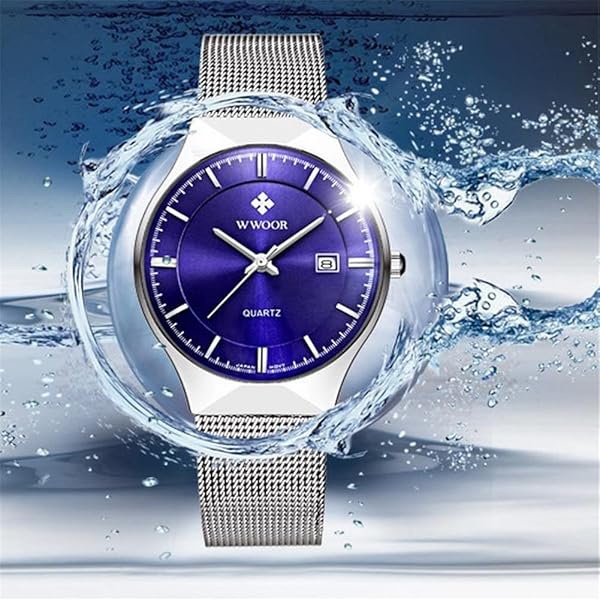 MASTOP Men's Ultra Thin Stainless Steel Mesh Band Quartz Wristwatch Blue Casual Waterproof Fashion Date Watch - View 4 of 8