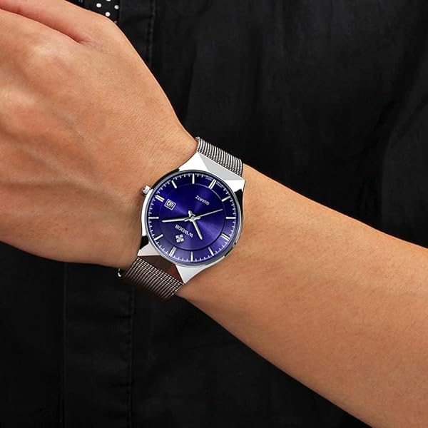 MASTOP Men's Ultra Thin Stainless Steel Mesh Band Quartz Wristwatch Blue Casual Waterproof Fashion Date Watch - View 5 of 8