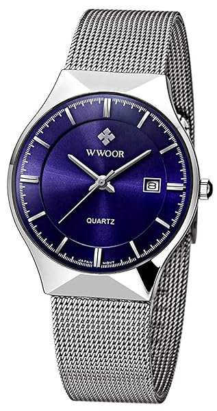 Men's Ultra Thin Stainless Steel Mesh Band Quartz Wristwatch Blue Casual Waterproof Fashion Date Watch