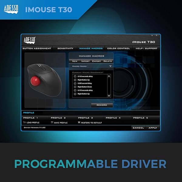 Adesso Adesso iMouse T30: Wireless Ergonomic Thumb Trackball Mouse with 7 Programmable Buttons & 5 DPI Levels - View 5 of 10