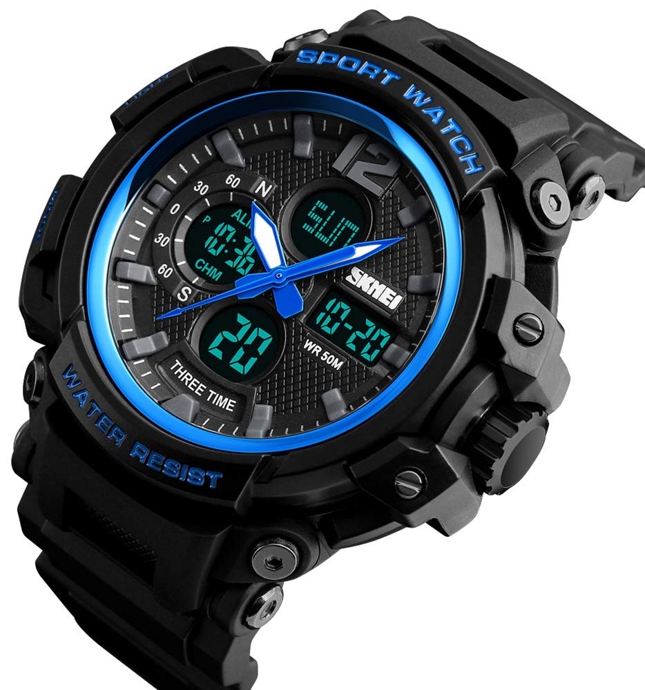 Mens Analog Digital Sports Watch Multifunctional Military 50M Waterproof Alarm Backlight LED Blue - View 2 of 7