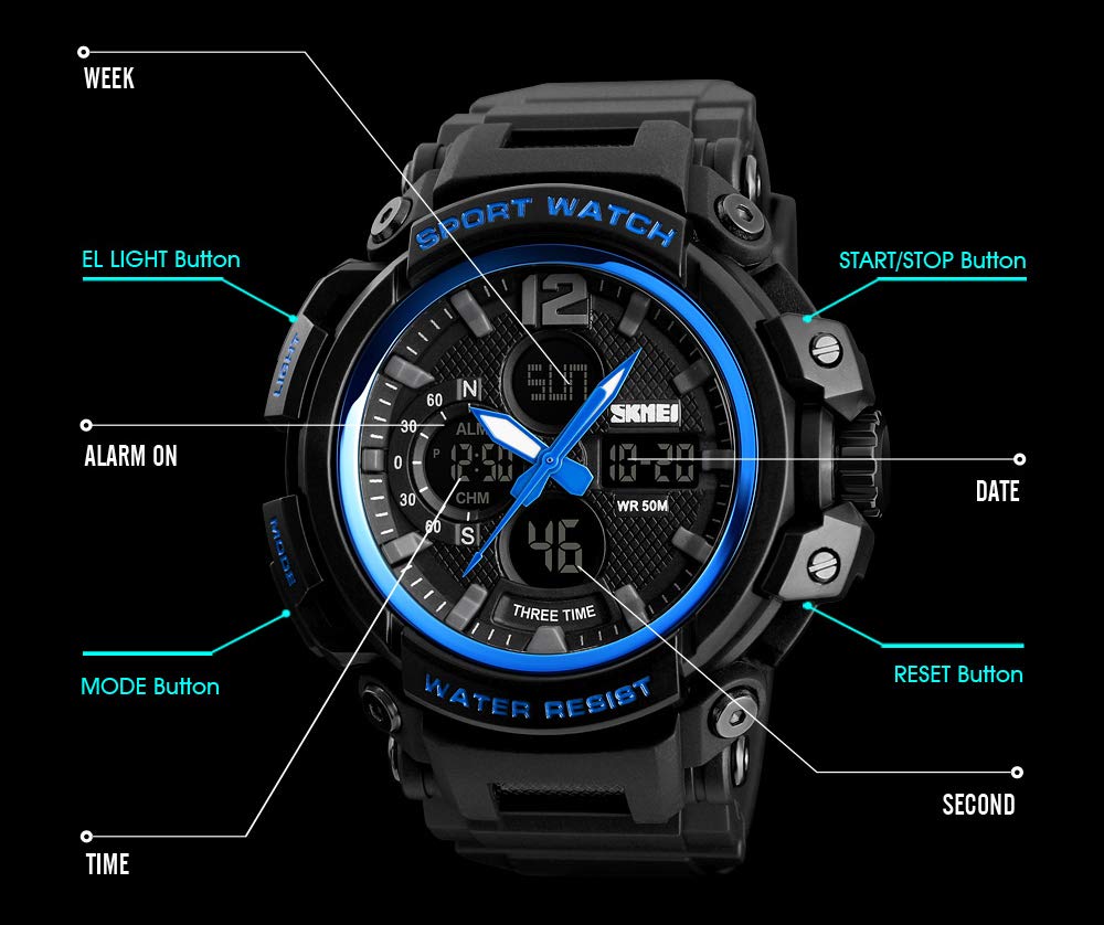 Mens Analog Digital Sports Watch Multifunctional Military 50M Waterproof Alarm Backlight LED Blue - View 4 of 7