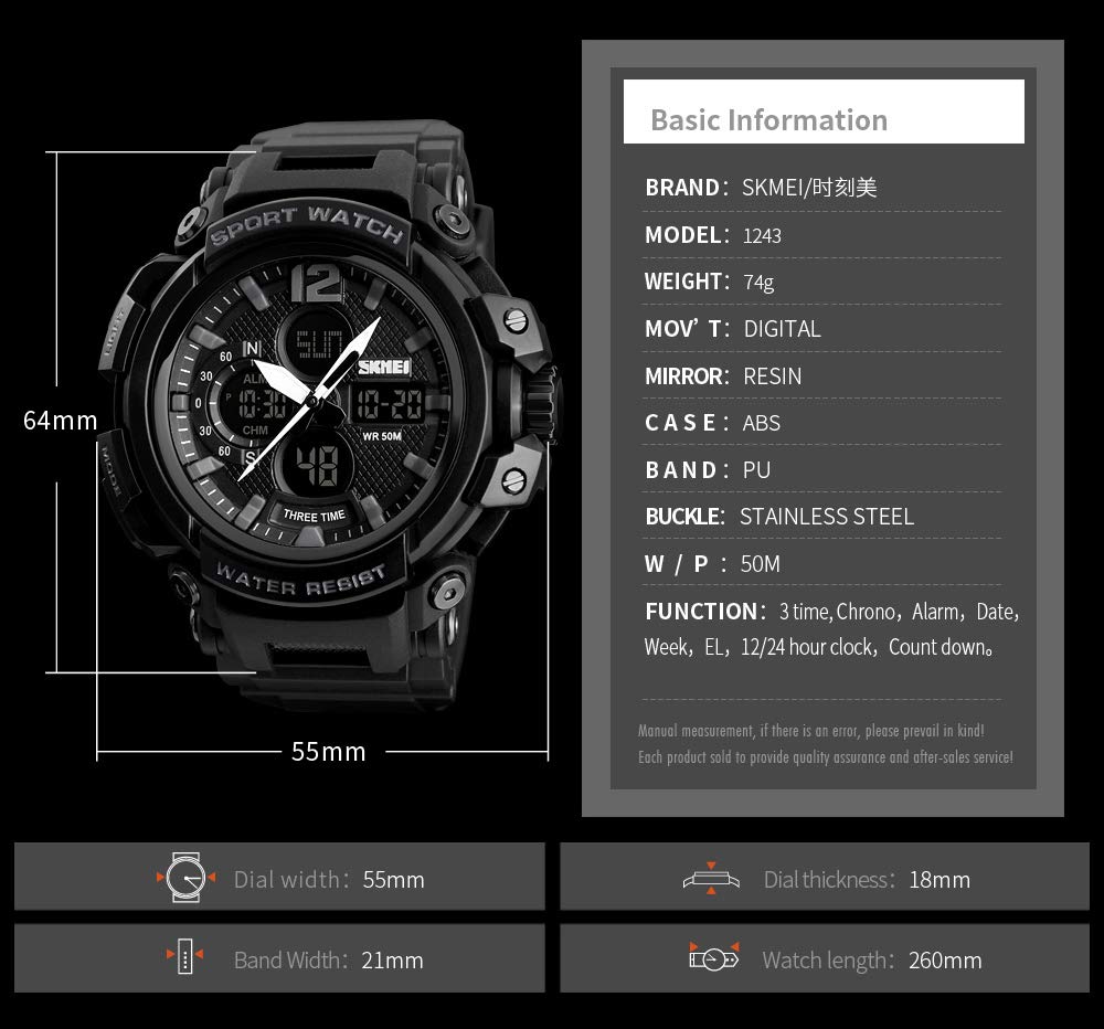 Mens Analog Digital Sports Watch Multifunctional Military 50M Waterproof Alarm Backlight LED Blue - View 6 of 7