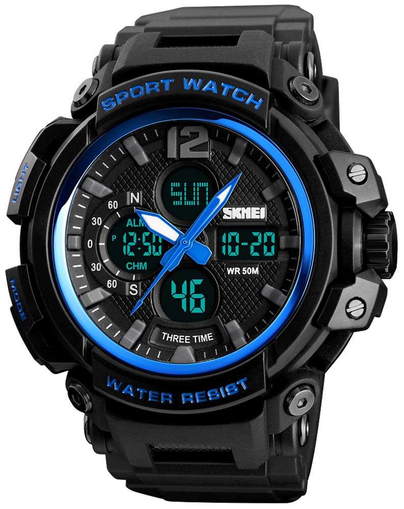 Mens Analog Digital Sports Watch Multifunctional Military 50M Waterproof Alarm Backlight LED Blue