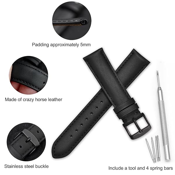 WOCCI WOCCI 20mm Vintage Leather Watch Band Black Buckle Replacement Bands for Stylish Timepieces - View 4 of 9