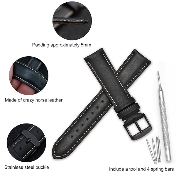 WOCCI WOCCI 22mm Vintage Leather Watch Band Black Buckle Replacement Bands for Stylish Timepieces - View 4 of 9