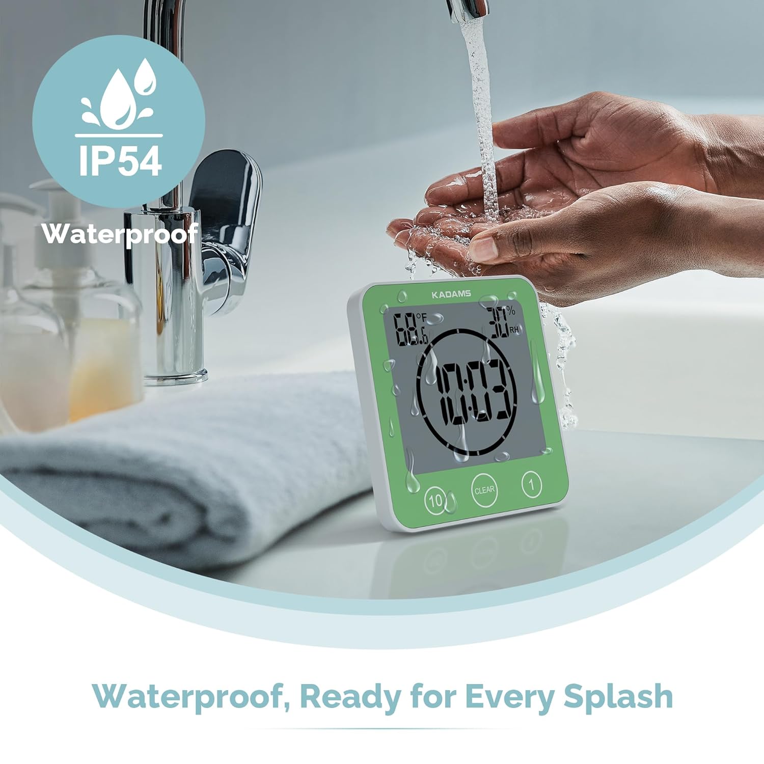 KADAMS KADAMS Waterproof Digital Bathroom Shower Kitchen Wall Clock Timer with Touch Screen Temperature Humidity and Suction Cup Stand Green - View 2 of 9