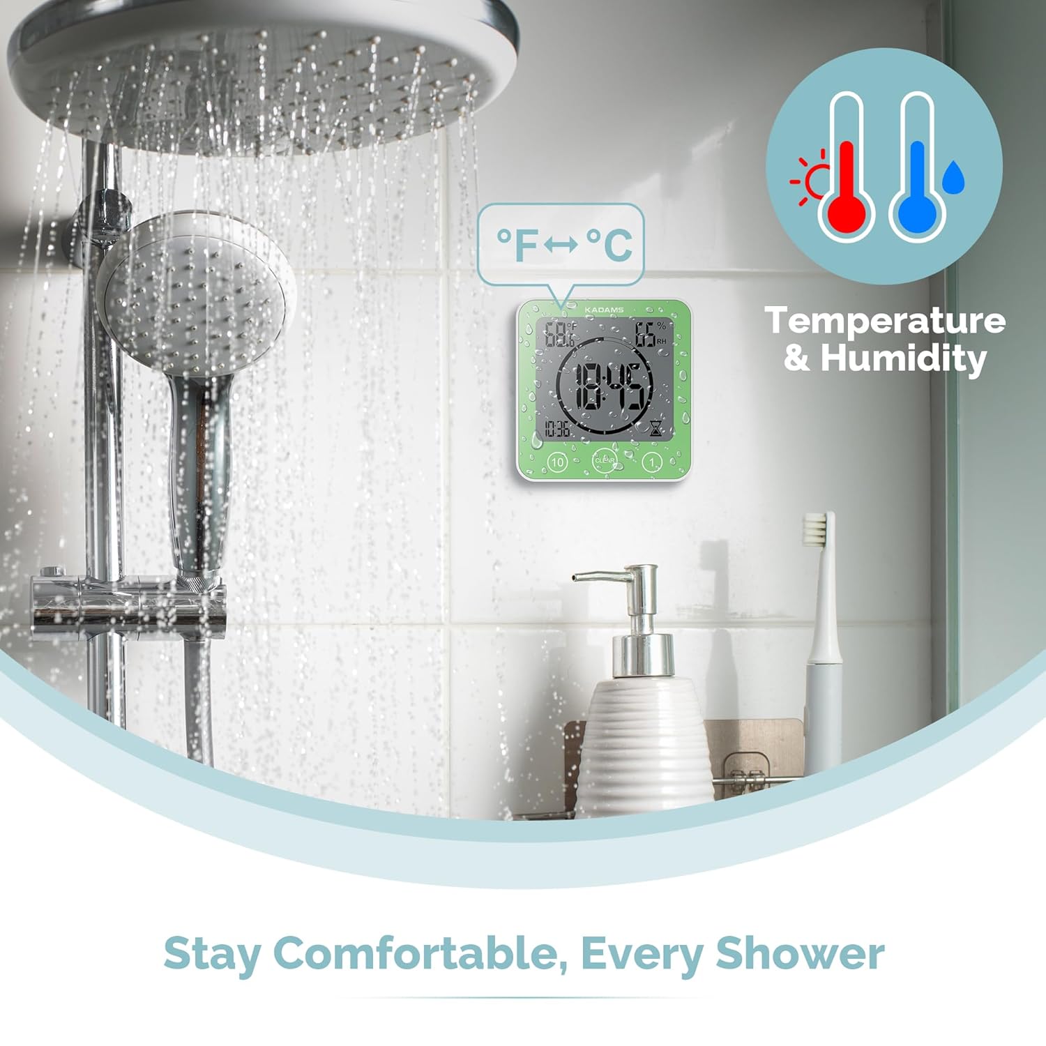 KADAMS KADAMS Waterproof Digital Bathroom Shower Kitchen Wall Clock Timer with Touch Screen Temperature Humidity and Suction Cup Stand Green - View 4 of 9