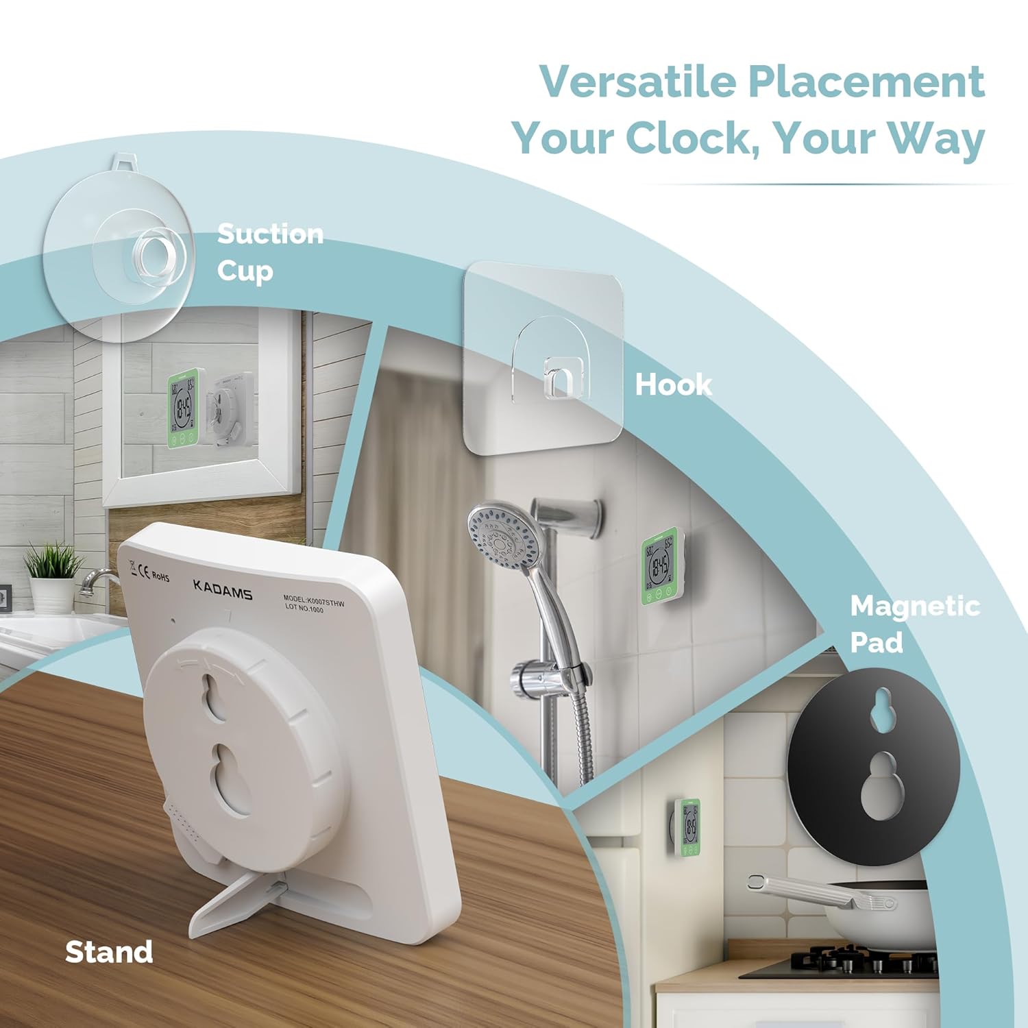 KADAMS KADAMS Waterproof Digital Bathroom Shower Kitchen Wall Clock Timer with Touch Screen Temperature Humidity and Suction Cup Stand Green - View 5 of 9
