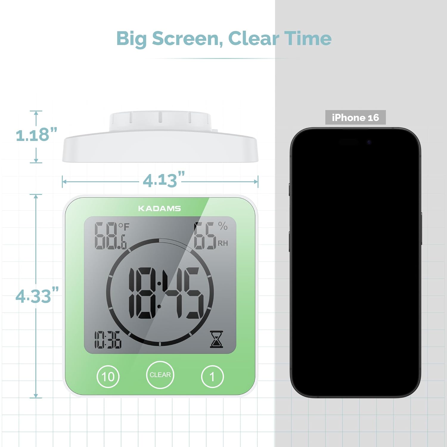 KADAMS KADAMS Waterproof Digital Bathroom Shower Kitchen Wall Clock Timer with Touch Screen Temperature Humidity and Suction Cup Stand Green - View 7 of 9