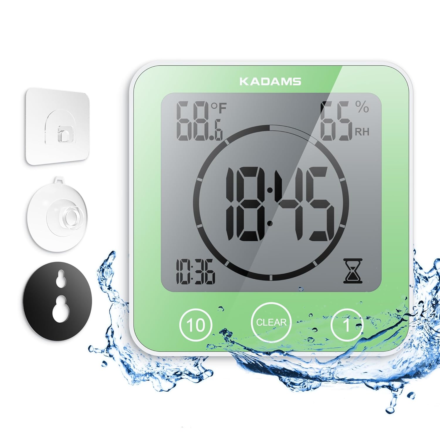 KADAMS KADAMS Waterproof Digital Bathroom Shower Kitchen Wall Clock Timer with Touch Screen Temperature Humidity and Suction Cup Stand Green