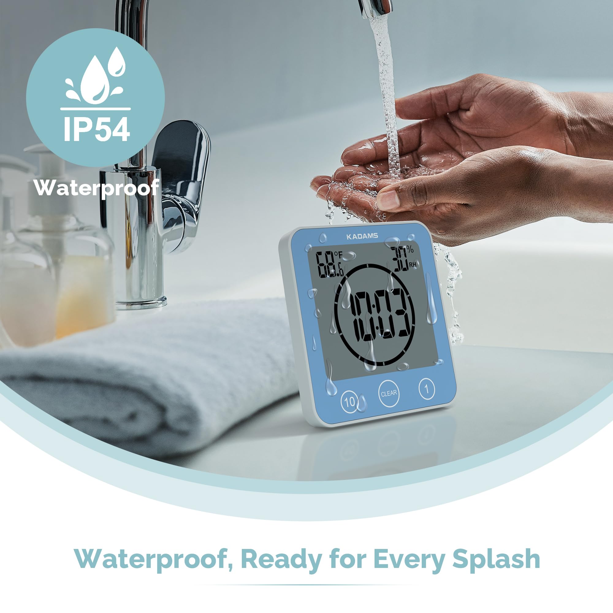 KADAMS Waterproof Shower Clock Digital Timer with Countdown Magnetic Kitchen Clock Temperature Humidity Suction Cup for Kids Bath Blue - View 2 of 8