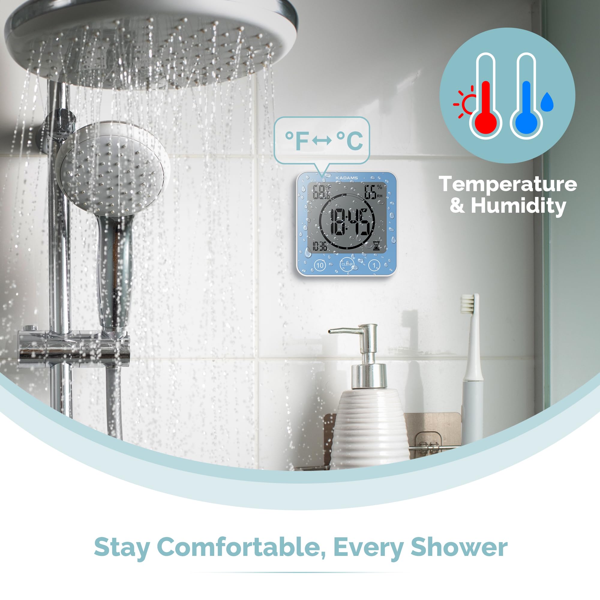 KADAMS Waterproof Shower Clock Digital Timer with Countdown Magnetic Kitchen Clock Temperature Humidity Suction Cup for Kids Bath Blue - View 4 of 8