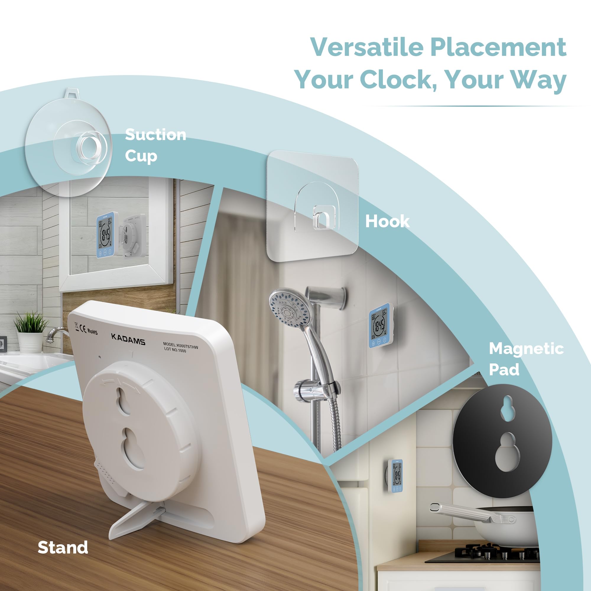 KADAMS Waterproof Shower Clock Digital Timer with Countdown Magnetic Kitchen Clock Temperature Humidity Suction Cup for Kids Bath Blue - View 5 of 8