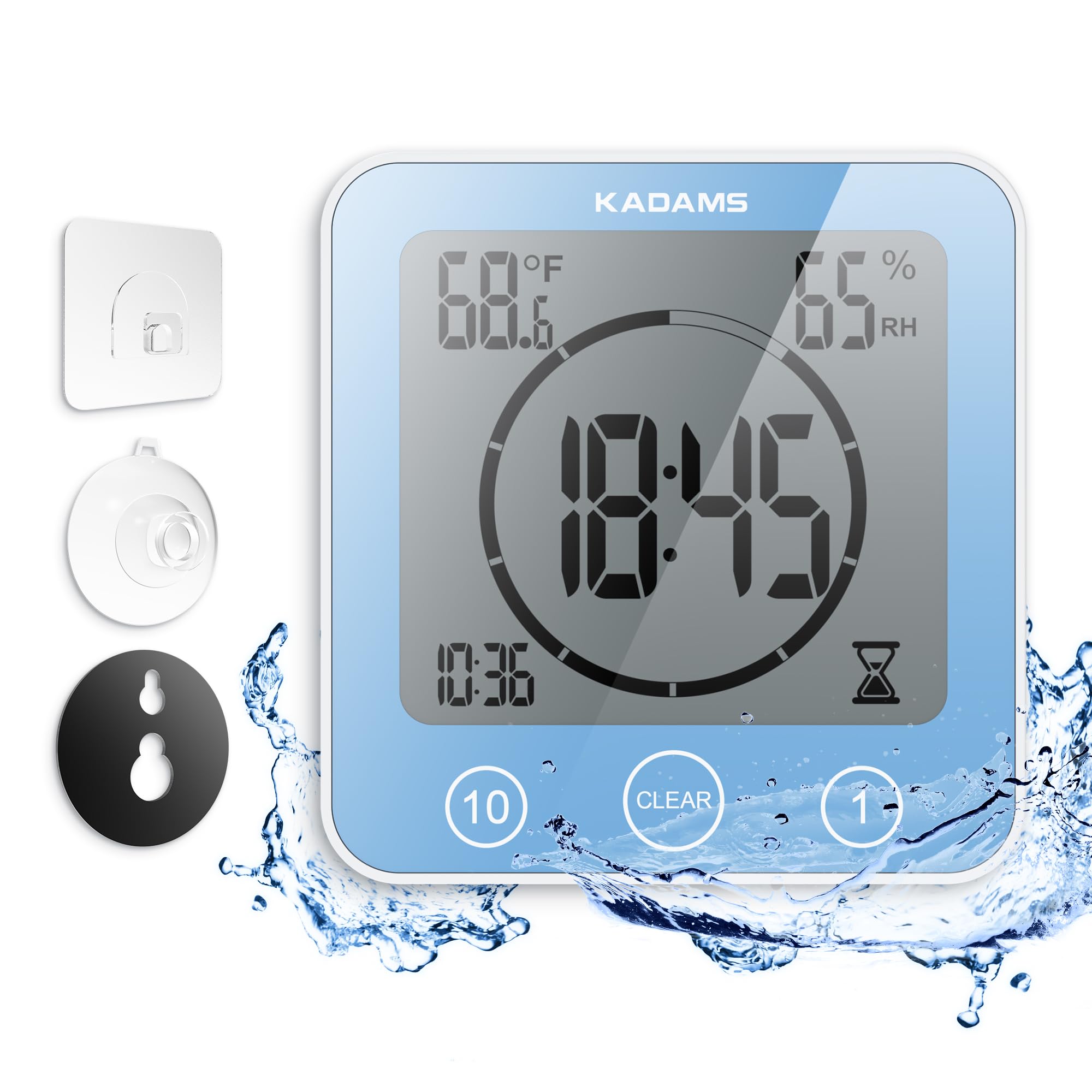 KADAMS Waterproof Shower Clock Digital Timer with Countdown Magnetic Kitchen Clock Temperature Humidity Suction Cup for Kids Bath Blue