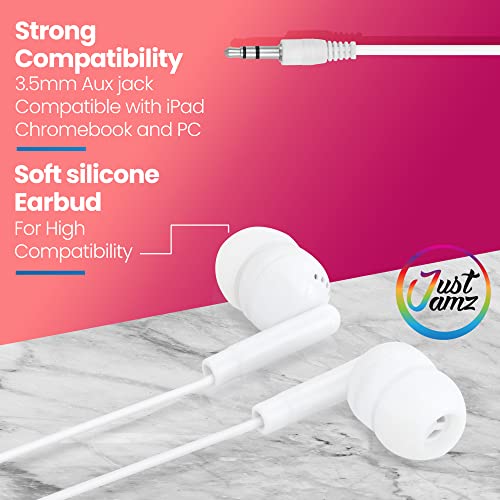 JustJamz Bulk Basic Earbuds 30 Pack Pearl White Disposable Earphones Affordable Headphones 3.5 MM Audio Jack for Schools Kids Classrooms Libraries - View 4 of 10