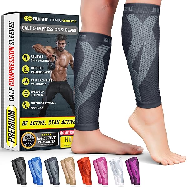 BLITZU BLITZU Calf Compression Sleeves for Men and Women Footless Support for Varicose Veins Nursing Running Leg Sleeve Brace for Pain Relief Gray L-XL